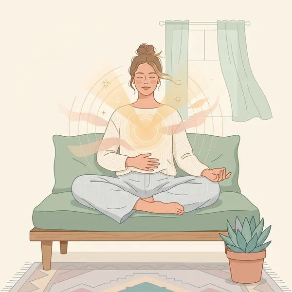 Ảnh minh họa phẳng Flat art tả cảnh mẹ nhắm mắt thư thái, hít thở sâu để giải phóng oxytocin và giảm stress, giúp bé cảm nhận được sự an tâm khi kề ngực mẹ