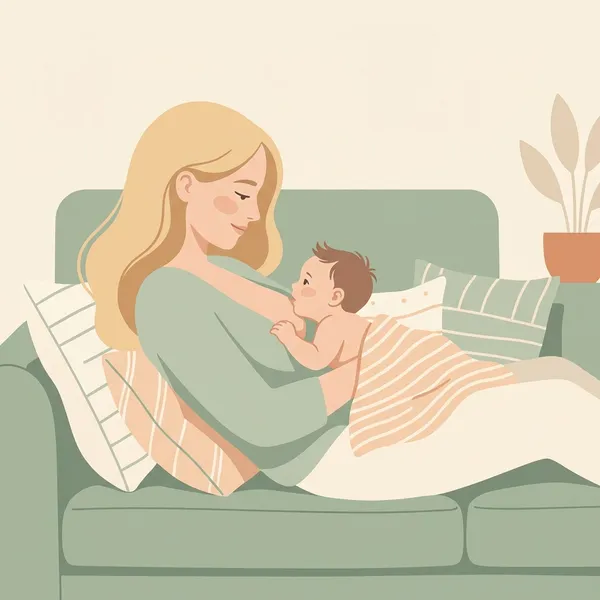 Ảnh minh họa phẳng tả cảnh mẹ nằm ngả lưng nghiêng góc 45 độ thoải mái trên giường có gối đỡ, bé nằm sấp kề da xuôi trên ngực mẹ tự tìm đầu ti