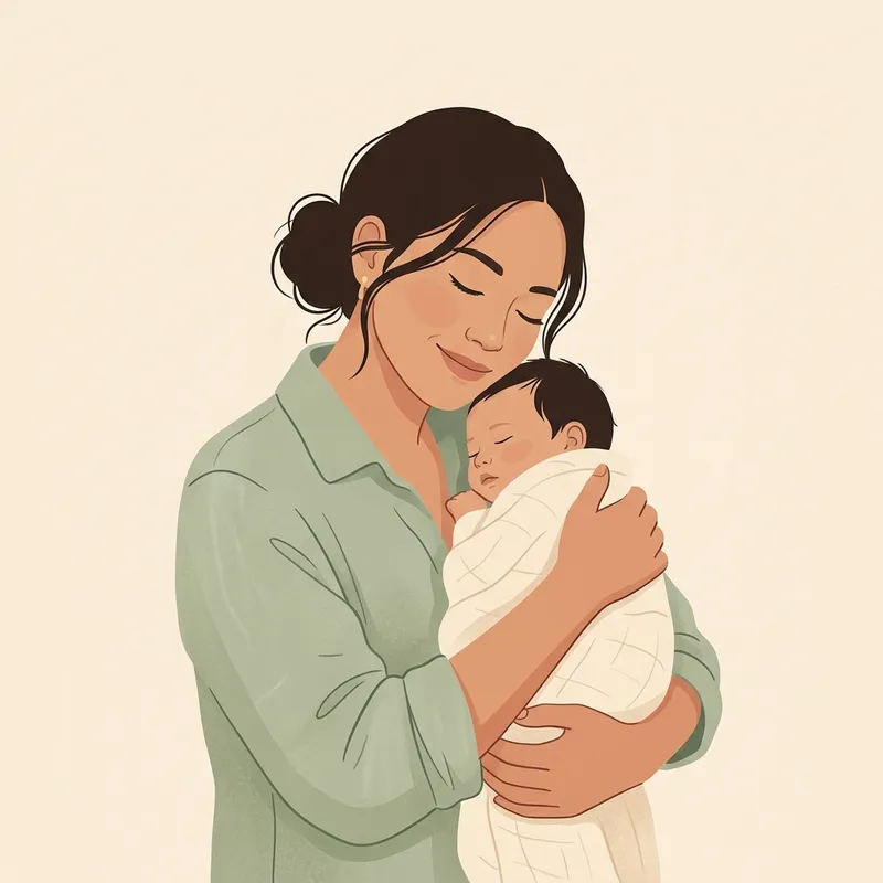 Hình minh họa người mẹ ôm ấp bế em bé đầy yêu thương, giải tỏa áp lực tâm lý và mang đến sự thấu cảm nhẹ nhàng