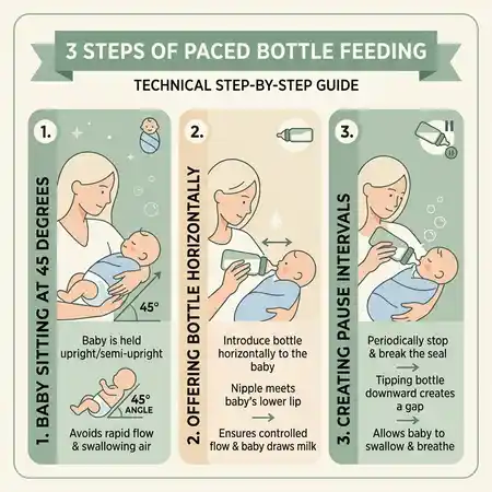 Sơ đồ hướng dẫn kỹ thuật Paced Bottle Feeding chuẩn y sinh học thực chứng với tư thế bế bé 45 độ và giữ bình sữa song song mặt đất