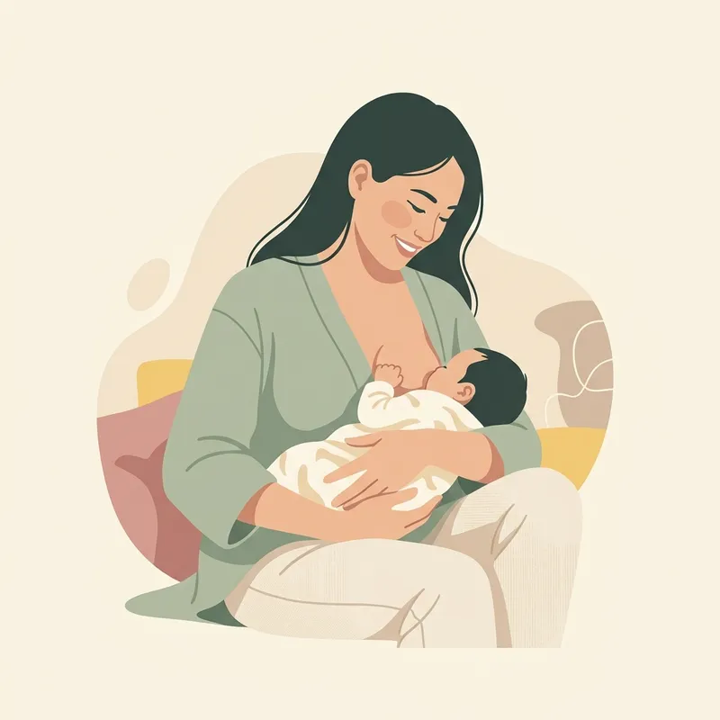 Hình vẽ minh họa mẹ bỉm sữa bế con bú êm ái với đầu ti ngắn phẳng, áp dụng tư thế ngậm sâu đúng kỹ thuật, nét vẽ tối giản màu xanh sage và kem ấm
