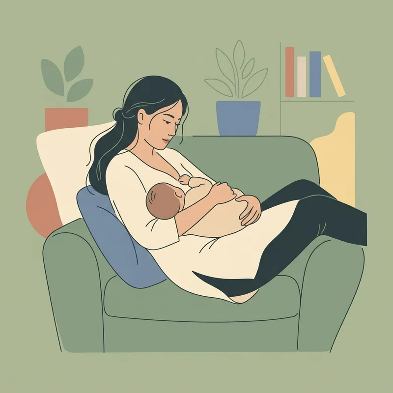Hình vẽ minh họa mẹ bỉm sữa nằm tựa lưng thư giãn cữ bú laid-back thoải mái, bé úp bụng trên người mẹ bú êm ru không hề đau đớn