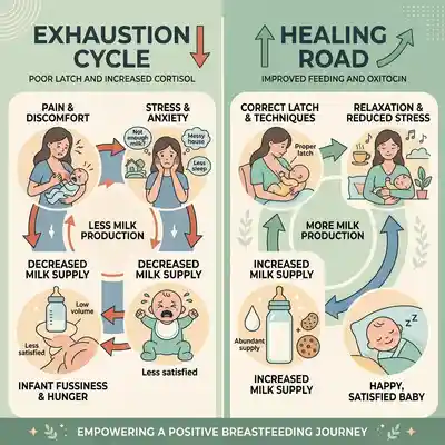 Sơ đồ đối chiếu giữa chu kỳ kiệt sức do đau đớn, sai khớp ngậm và stress so với con đường hồi phục sữa mẹ tự nhiên