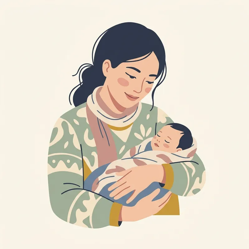 Ảnh minh họa phẳng (Flat art) mô tả người mẹ bỉm sữa âu yếm nhìn con ngủ bình yên trong vòng tay, mang lại niềm tin và hy vọng chữa lành chấn thương núm ti