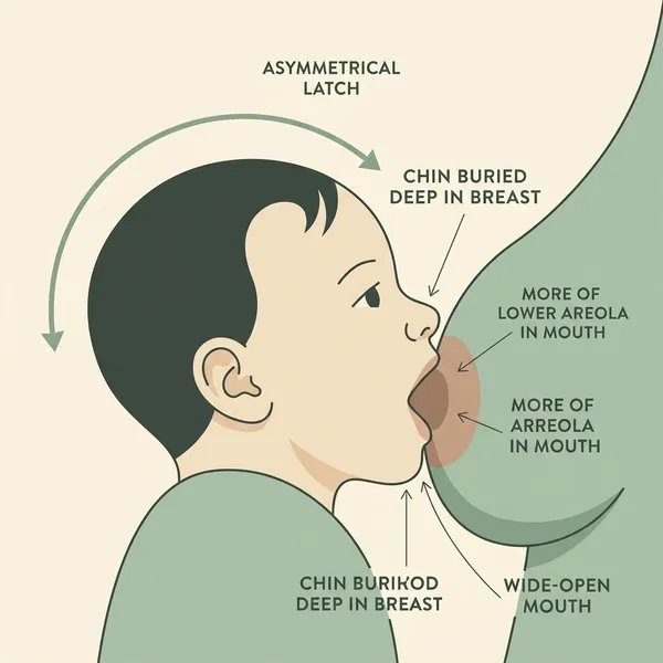 Hình vẽ sơ đồ khớp ngậm sâu bất đối xứng, cằm bé tựa sâu vào bầu ngực dưới của mẹ và mũi thông thoáng, núm ti nằm sâu ở vùng thoải mái