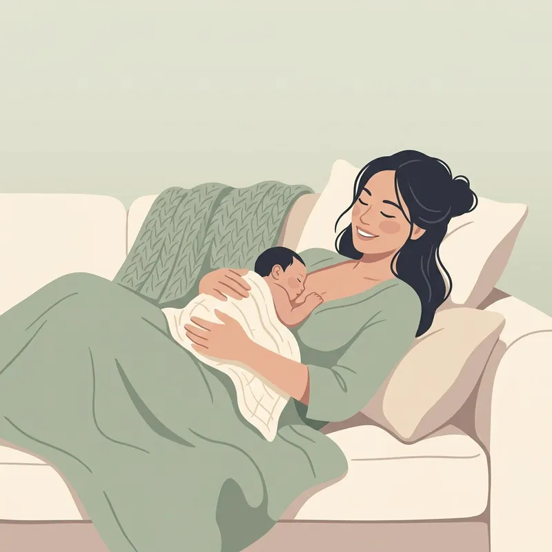 Người mẹ nằm ngả lưng thư thái ôm bé sơ sinh da kề da trên ngực trần để kích thích hoóc-môn tạo sữa