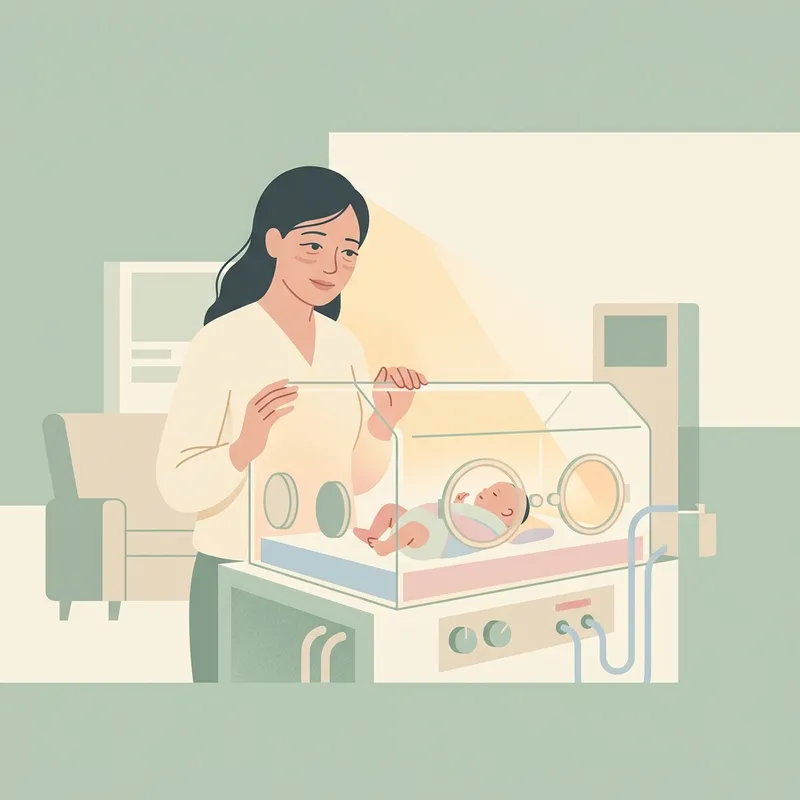 Ảnh minh họa phẳng (Flat art) mô tả người mẹ bỉm sữa nhìn lồng ấp NICU với ánh mắt đầy âu yếm, hy vọng và vững tin gọi sữa về cho bé