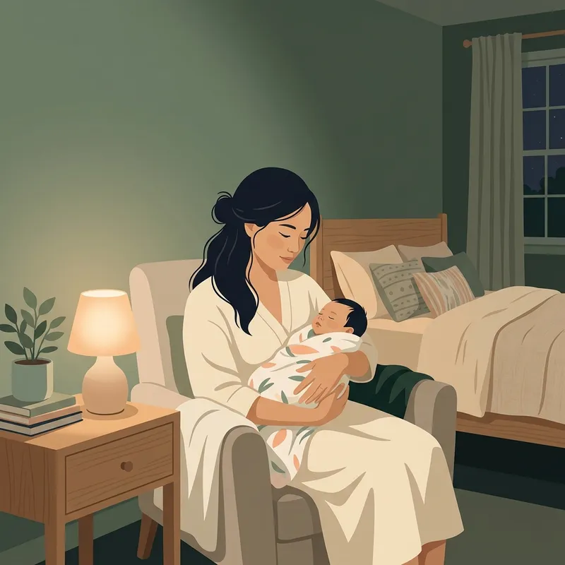 Hình vẽ minh họa mẹ ngồi dỗ dành bé ngủ bình yên dưới ánh đèn ngủ ban đêm ấm áp, mang lại cảm giác an tâm và giảm bớt căng thẳng