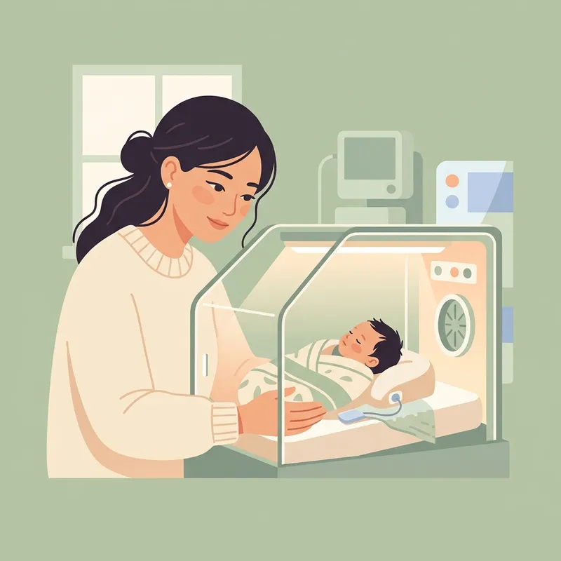 Ảnh minh họa phẳng (Flat art) mô tả người mẹ bỉm sữa âu yếm ngắm nhìn em bé sơ sinh sinh non nằm an yên trong lồng ấp NICU