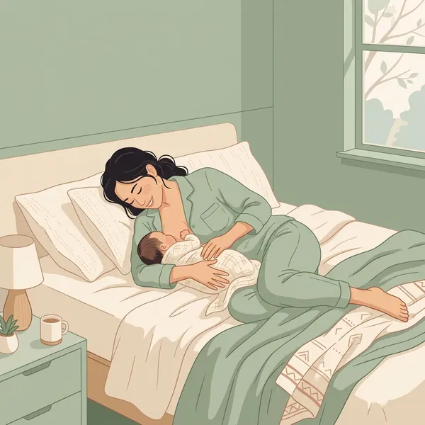 Hình vẽ minh họa tư thế bú nằm nghiêng (side-lying position) giúp mẹ và bé nằm bú thư giãn cữ đêm, giảm áp lực và trọng lực đè nén lên các thùy tuyến sữa
