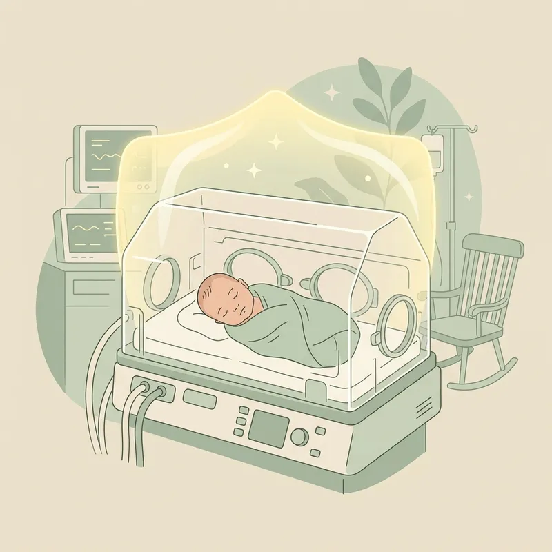 Minh họa em bé sinh non nằm lồng ấp NICU được bảo vệ bởi lá chắn sinh học sữa mẹ y sinh tự nhiên chống viêm ruột hoại tử